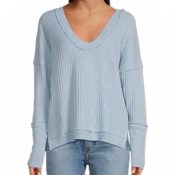 FREE PEOPLE | New Magic Long Sleeve Wide Scoop Waffle Knit Thermal Blue | Large - Picture 1 of 8